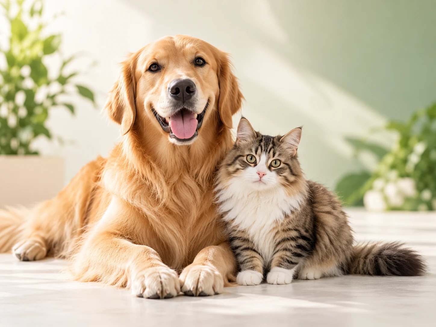 A friendly golden retriever resting beside a fluffy tabby cat